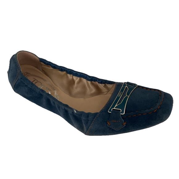 TOD's Ballet Flat Square Toe Blue Scrunch Elastic Suede Slip On Loafer 7.5 - Picture 1 of 12